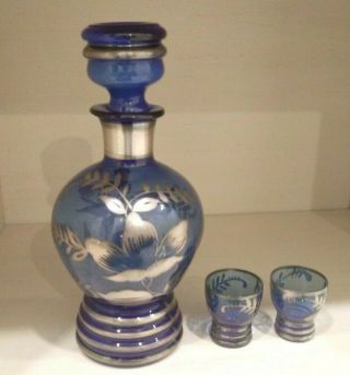 Vintage Cobalt Glass With Silver Overlay Decanter And Two Glasses