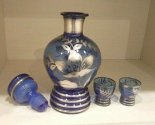 Vintage Cobalt Glass with Silver Overlay Decanter and two Glasses 2