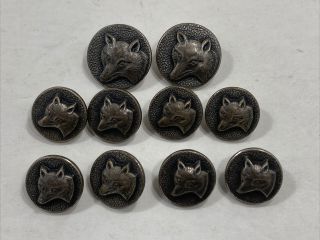 Set Of Ten (10) Vintage Metal Silver Fox Head Buttons Hunting Hound Dog Rabbit