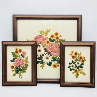 Vintage Crewel Needlework Embroidery Art Set Of 3 Framed Flowers Floral A142