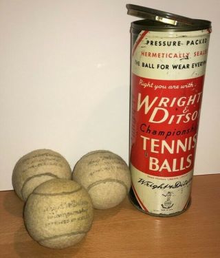 Wright & Ditson,  Championship Tennis Balls,  Vintage Set Of 3 In Tin Can -