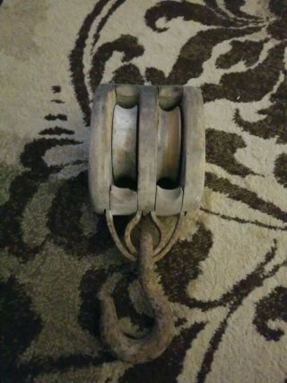 Vintage Double Wheel Wood And Iron Barn Pulley 12 " Long / 5 " Wide