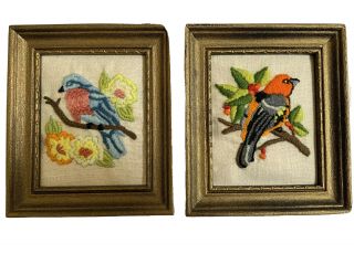 2 Vintage Embroidered Needlepoint Bird Framed Wall Art Hand Stitched 70s Oriole