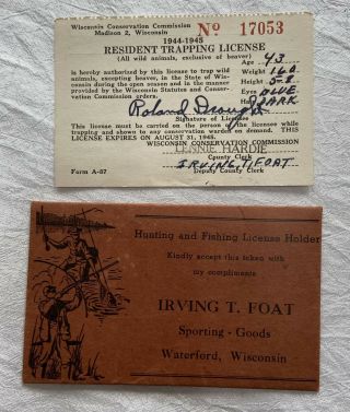 Vintage Fishing License Folder Foat Sporting Goods Waterford Wisconsin Trapping