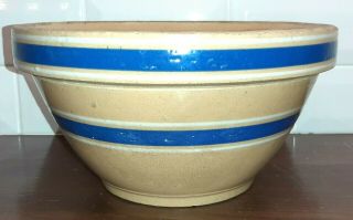 Vintage Stoneware Mixing Bowl - Yellow Ware Blue White Stripes