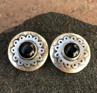 Vintage Navajo Sterling Silver & Black Onyx Stamped Concho Earrings