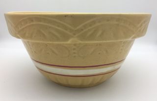 Vintage Yellow Ware Stoneware Mixing Bowl Hand Painted Red White Band Embossed