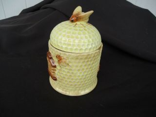 vintage bee hive honey pot jar with bee on lid yellow 2