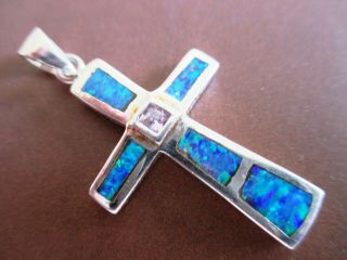 Vintage Blue Fire Opal Gemstone Sterling Silver Cross Pendant Holy Land Gift 19