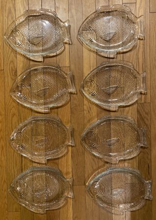 (8) Vintage Clear Glass Embossed Fish Shape Oven Proof USA 11 
