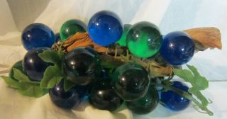 Vintage MCM Mid Century Blue Green Lucite Acrylic Grapes Cluster on Wood Leaves 3