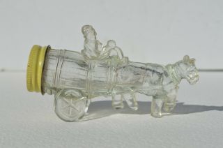 Unusual Vtg Figural Man Sitting On Barrel Pull By A Horse Glass Candy Container