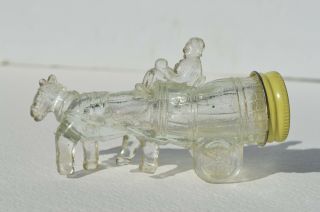 UNUSUAL VTG FIGURAL MAN SITTING ON BARREL PULL BY A HORSE GLASS CANDY CONTAINER 2