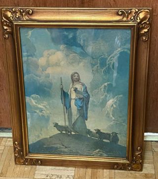 VINTAGE LARGE FRAMED JESUS RELIGIOUS PICTURE 24.  5 X 19.  5 2