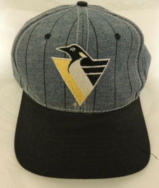 Pittsburgh Penguins Ajd Snap Back White Pinstripe Nhl Cap Hat Vintage