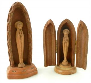 (2) Vintage Anri Italy Virgin Mary Madonna Wood Carved Statues F01