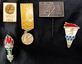 Vintage Summer Olympic Games Badges; Tokyo 1964,  Munich 1972,  Moscow 1980.