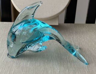 Vintage Murano Art Glass Hand Blown Dolphin Figurine Blue Aqua Marked