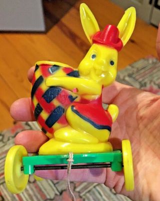 Vintage Rosen Hard Plastic Easter Bunny Rabbit Wheel Cart Candy Container