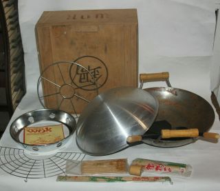 Vtg Chinese Wok Pan With Lid Wok Pan W/ Wood Storage Box & Accessories Stir - Fry