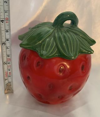 Vintage Ceramic Porcelain Red Strawberry Jar With Green Leaf Lid