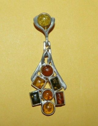 Vintage Modernist " 925 " Sterling Silver W/ Multi Color Amber Ornate Pendant