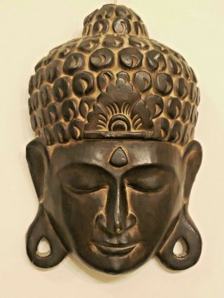 Vintage Buddha Head Carved Wood Wall Art