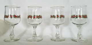 Vtg Holly And Berry Libbey Wine Goblet With Gold Trim (set Of 4)
