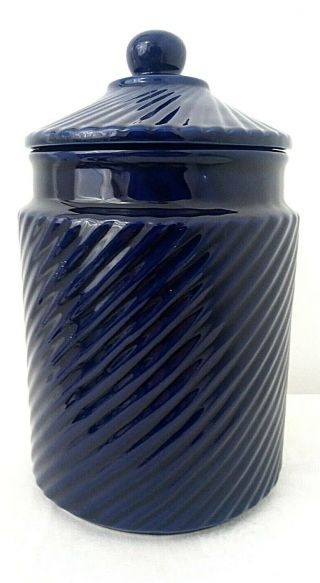 Vintage Cobalt Blue Round Swirled Ceramic Pottery Canister Cookie Jar With Lid