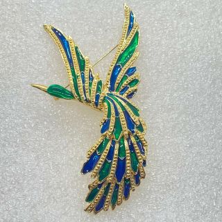 Vintage Bird Of Paradise Brooch Pin Blue Green Enamel Gold Tone Costume Jewelry