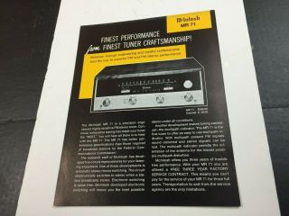 Vintage Mcintosh Mr 71 Stereo Am Fm Tuner Dealer Specifications Sheet Ad