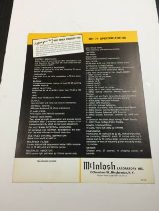 Vintage MCINTOSH MR 71 Stereo AM FM TUNER Dealer Specifications Sheet Ad 2