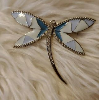 Vintage Clear Crystal Dragonfly W/3 Shades Of Blue Enamel Insect Bug Brooch Pin