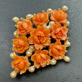 Vintage Coral Lucite Flower Seed Pearl Retro Brooch Pin 906