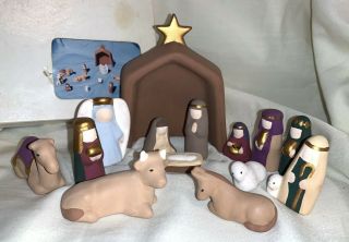 Vintage Clay Ceramic Christmas Nativity Set Folk Art Mountain 