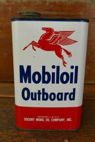 Vintage Socony Vacuum Mobiloil Outboard Motor Oil 1 One Quart Can Graphics