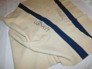 Vintage U.  S.  Navy Military Blue Stripe Wool Blanket Distressed 70 " X42 "