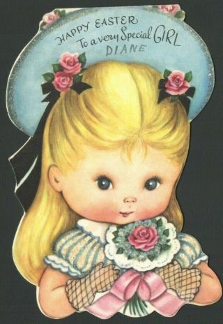 Vintage Sparkle Easter Card Darling Little Blond Girl In Her Sunday Best Clothes