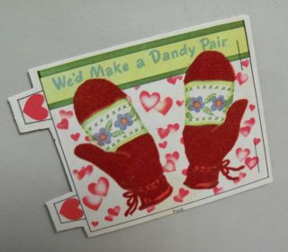 Vtg Valentine Card Flocked Pretty Red Mittens Dandy Pair 40 