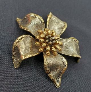 Vintage Art Flower Brooch Mixed Metal Tones Gold Silver Pin 2.  25 " Signed