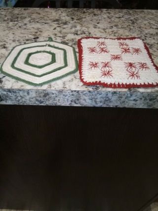Vintage Hand - Crocheted Hot Pads Pot Holders Green/white Red/white