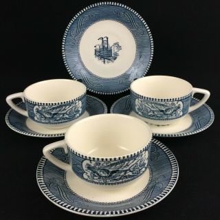 Vtg Set Of 3 Cups And 4 Saucers Currier & Ives Blue Royal China Blue Steamboat