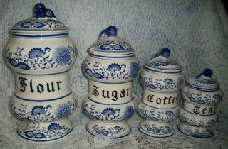 Vintage 4 Pc Blue Onion Canister Set Flour Sugar Coffee Tea 1960 