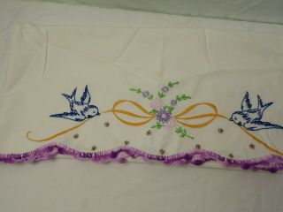 Vintage Linens Handmade Hand Embroidered Pillow Case (only 1) Birds And Flowers