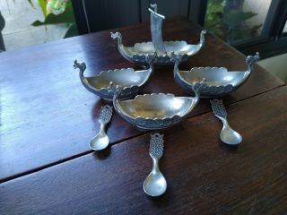 Vintage Norway Viking Ship Salt Cellars With Spoons 3 And Master With Sail
