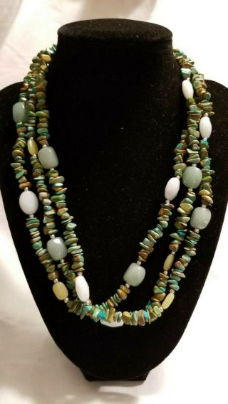 Vintage Turquoise Bead 3 - Strand Necklace Sterling Clasp