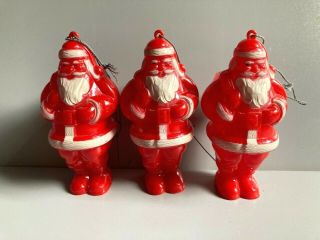 Vintage Set Of 3 Hard Plastic Rosbro Rosen Santa Claus Ornament Christmas 1950 