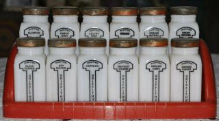 Vintage Griffith Chicago Set Of 12 White Milk Glass Spice Jars,  Rack