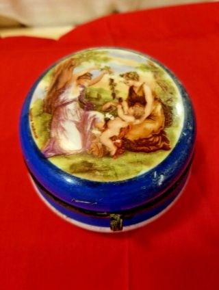 Vintage Angelica Kaufman Porcelain Trinket/powder Box In Blue/white/gold