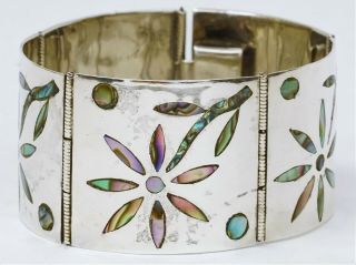 Vintage Taxco Mexico Stamped Sterling Silver Bracelet With Abalone Inlay B4225es